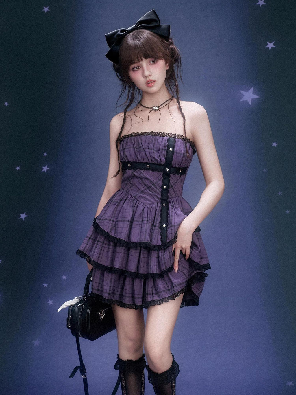 SagiDolls Purple Plaid Lace Strapless Cinched Waist Women's Viscose Corset Mini Dresses