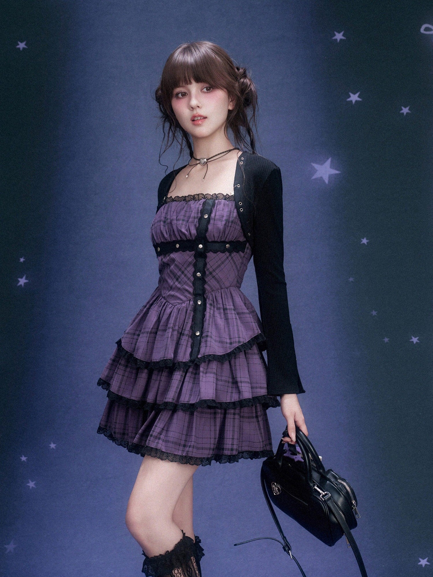 SagiDolls Purple Plaid Lace Strapless Cinched Waist Women's Viscose Corset Mini Dresses