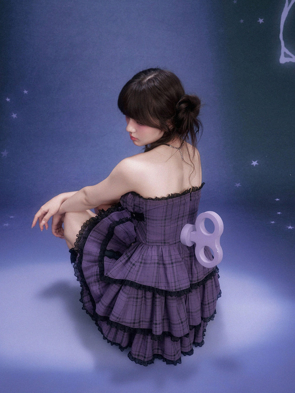SagiDolls Purple Plaid Lace Strapless Cinched Waist Women's Viscose Corset Mini Dresses