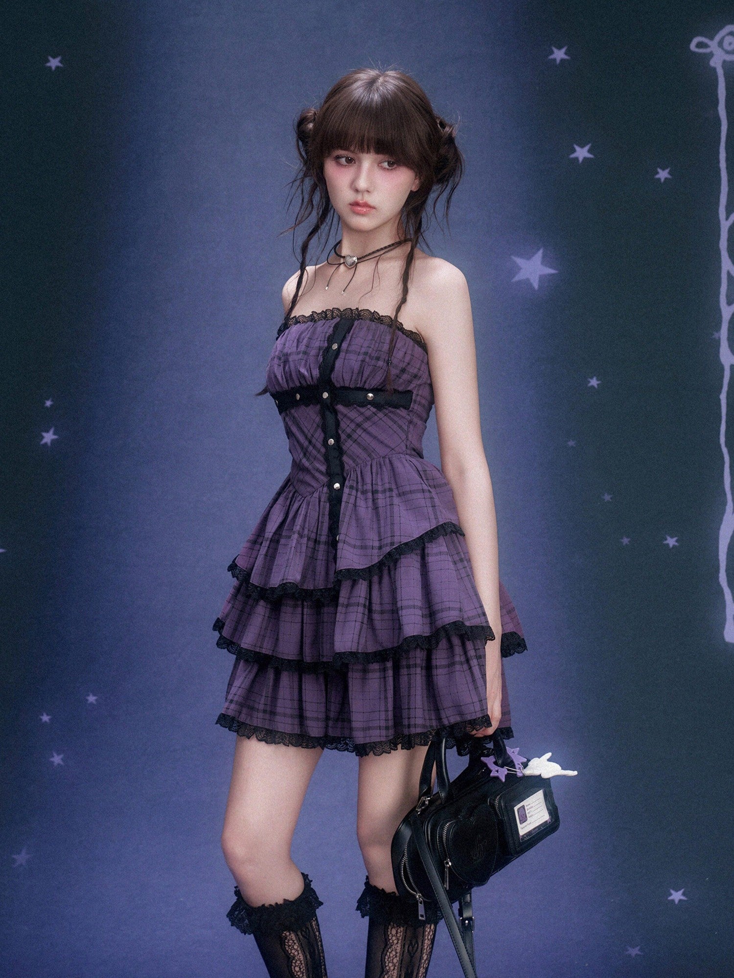 SagiDolls Purple Plaid Lace Strapless Cinched Waist Women's Viscose Corset Mini Dresses