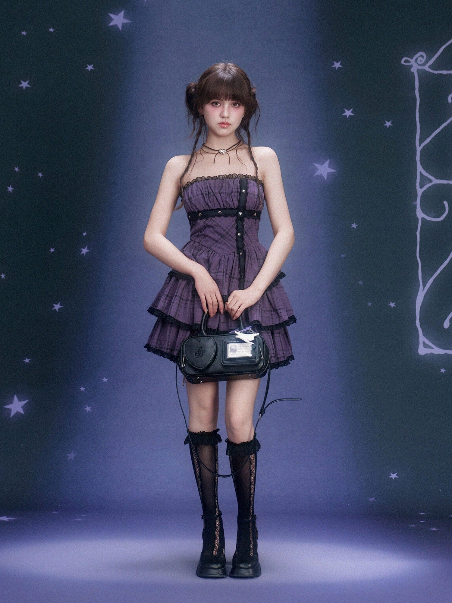 SagiDolls Purple Plaid Lace Strapless Cinched Waist Women's Viscose Corset Mini Dresses