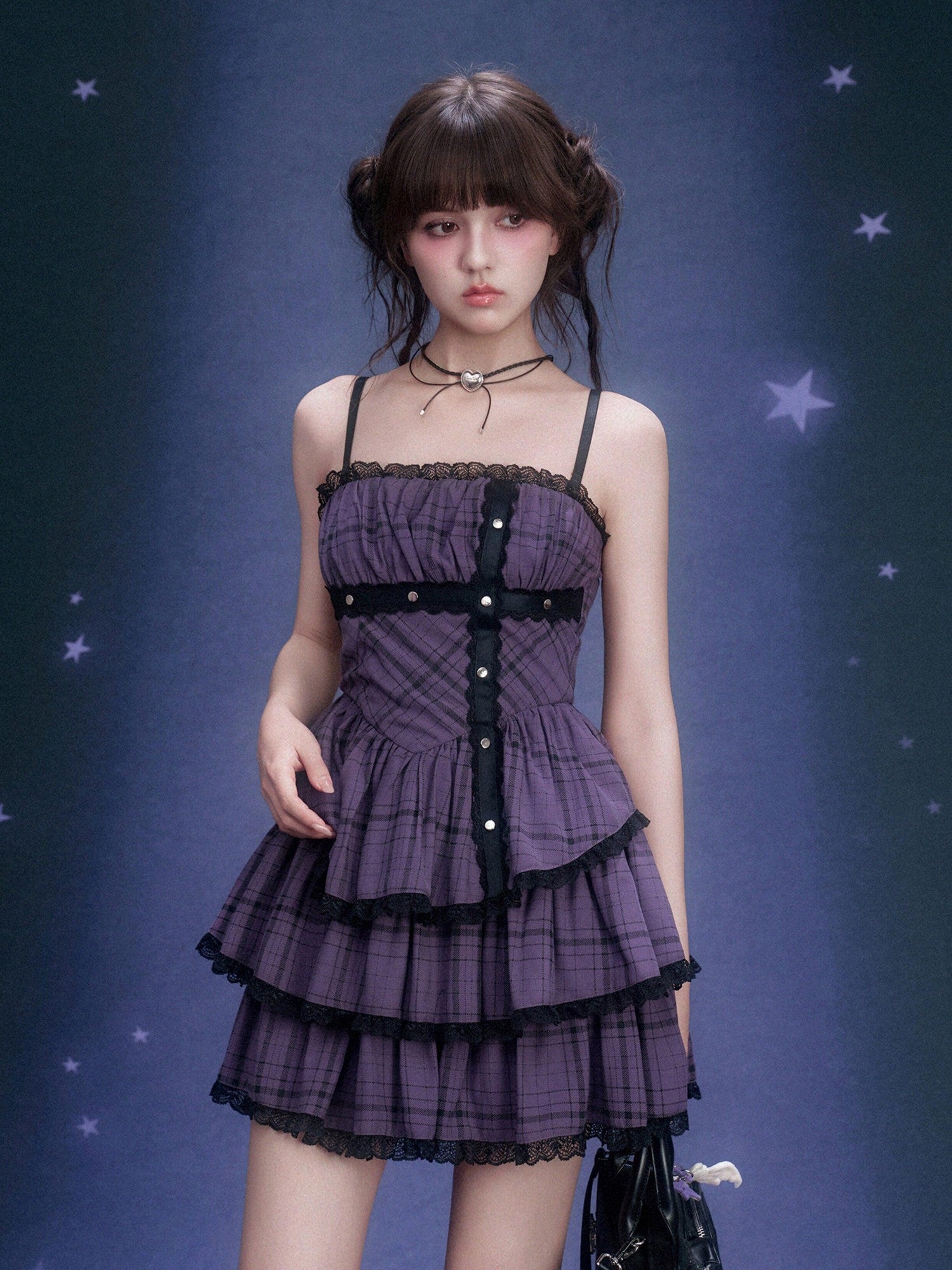 SagiDolls Purple Plaid Lace Strapless Cinched Waist Women's Viscose Corset Mini Dresses