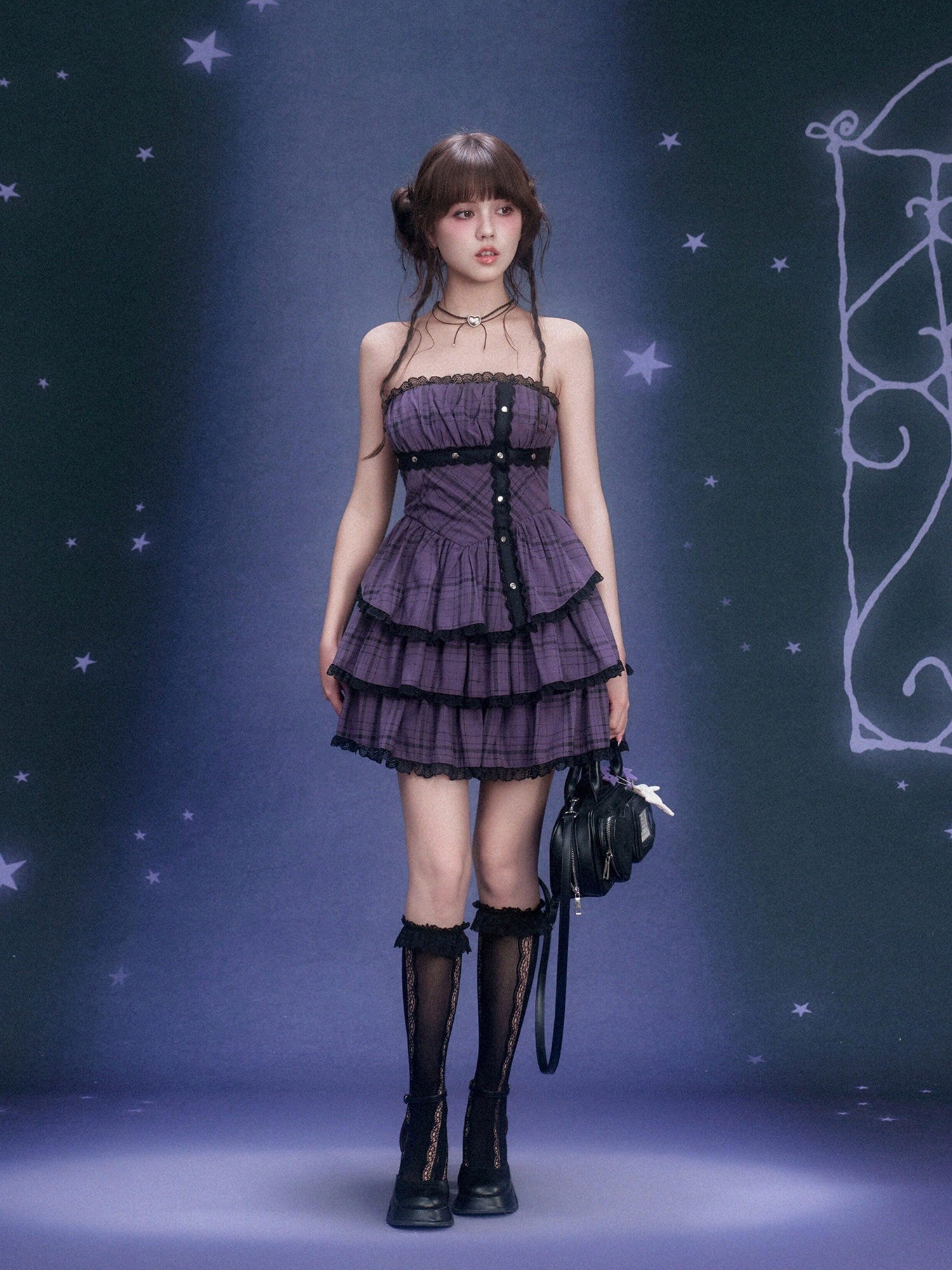 SagiDolls Purple Plaid Lace Strapless Cinched Waist Women's Viscose Corset Mini Dresses