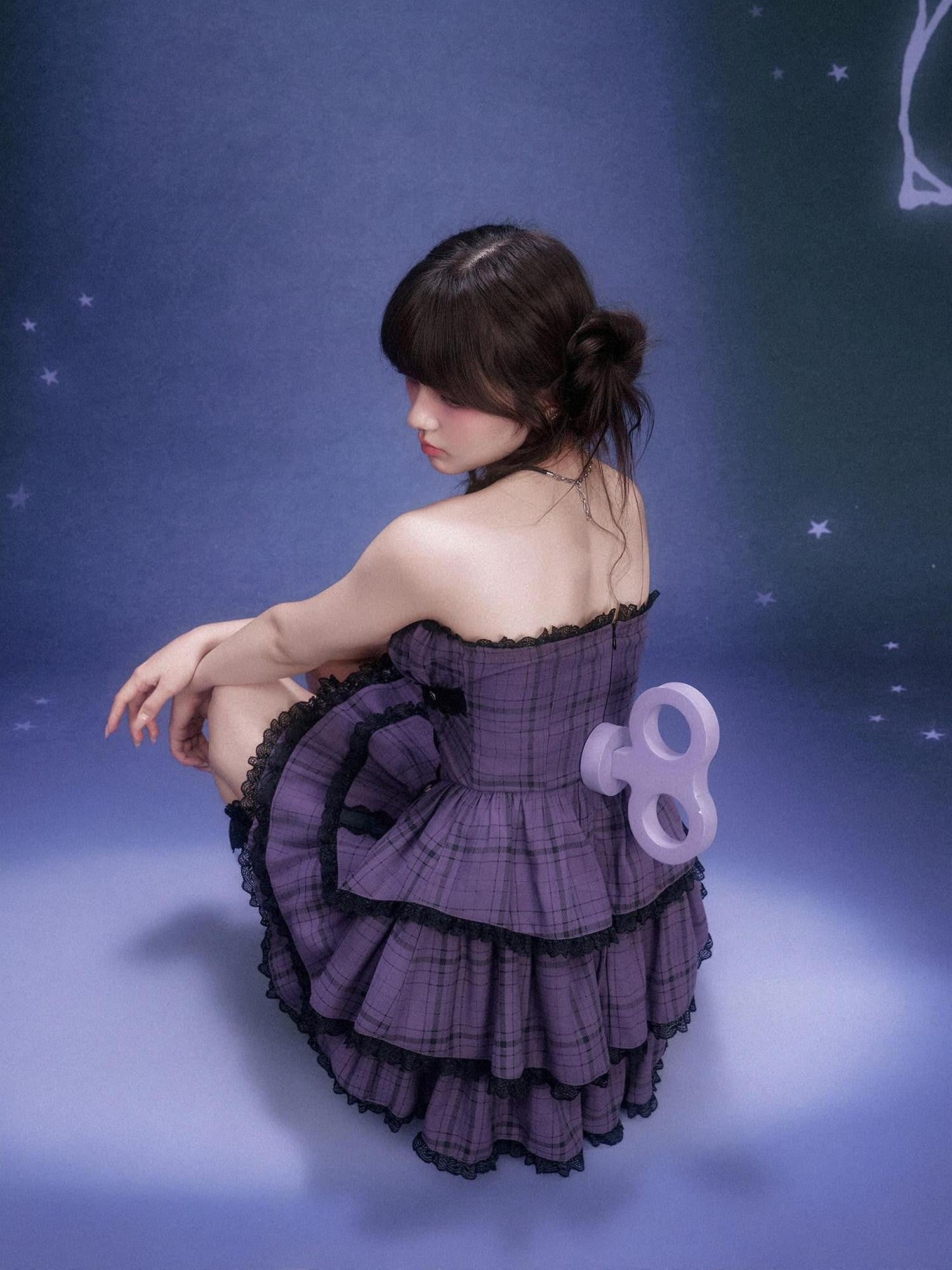 SagiDolls Purple Plaid Lace Strapless Cinched Waist Women's Viscose Corset Mini Dresses