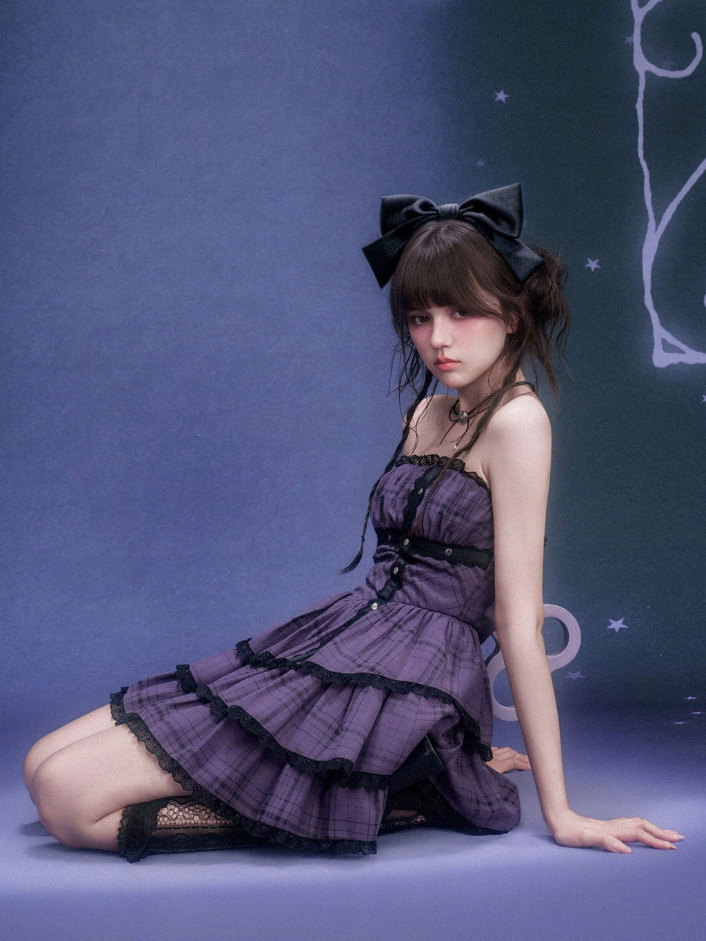 SagiDolls Purple Plaid Lace Strapless Cinched Waist Women's Viscose Corset Mini Dresses
