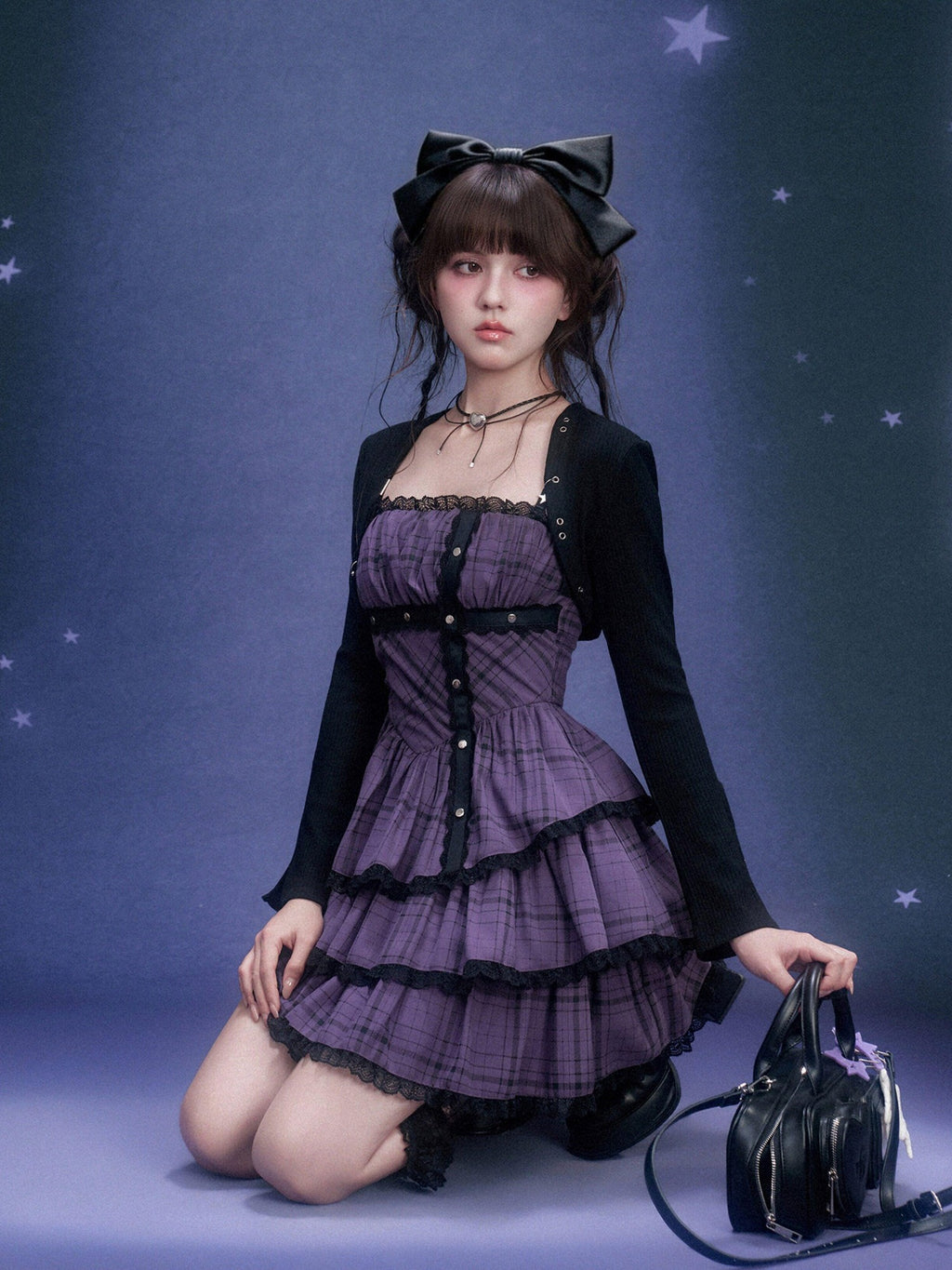 SagiDolls Purple Plaid Lace Strapless Cinched Waist Women's Viscose Corset Mini Dresses