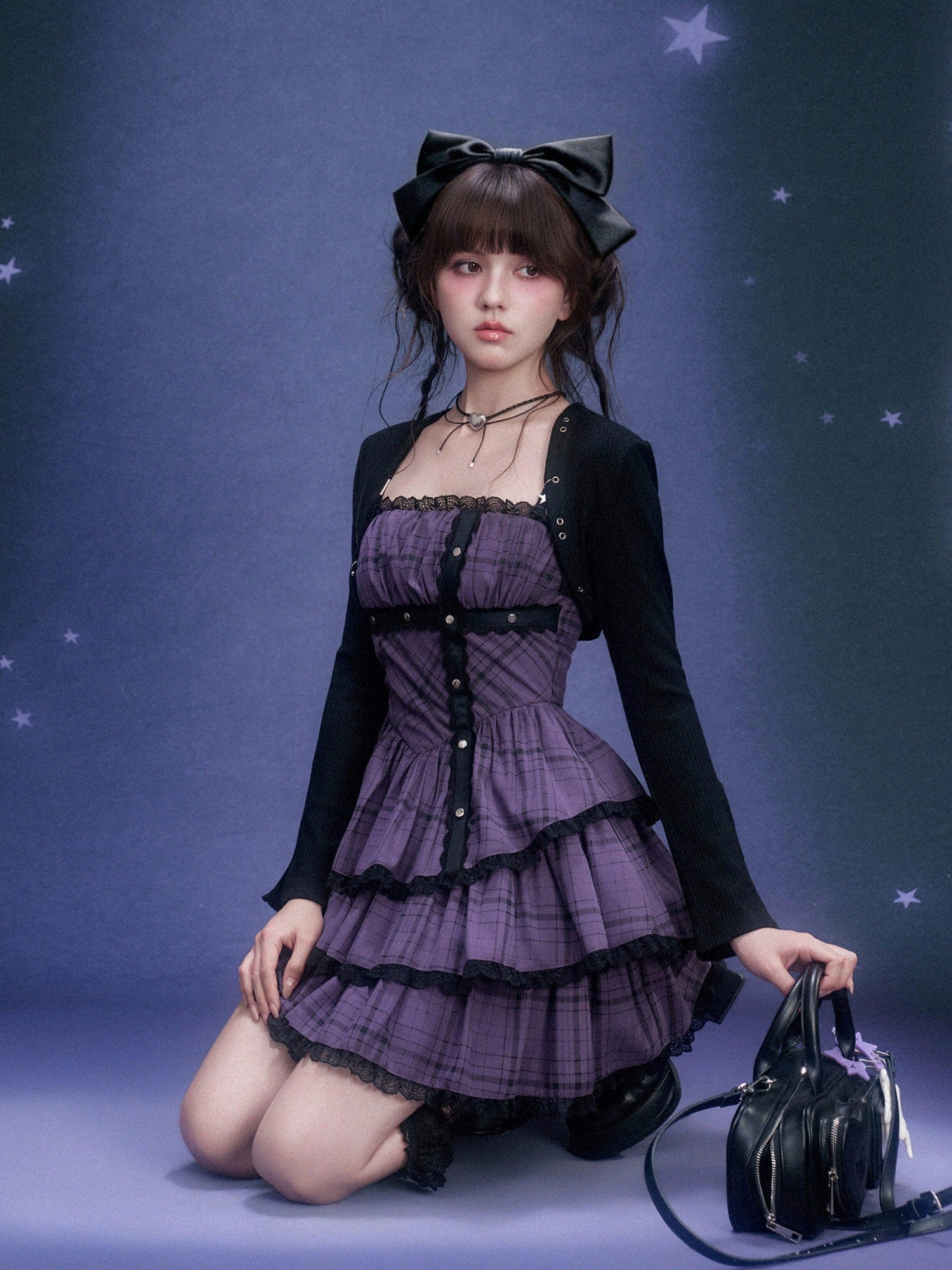 SagiDolls Purple Plaid Lace Strapless Cinched Waist Women's Viscose Corset Mini Dresses