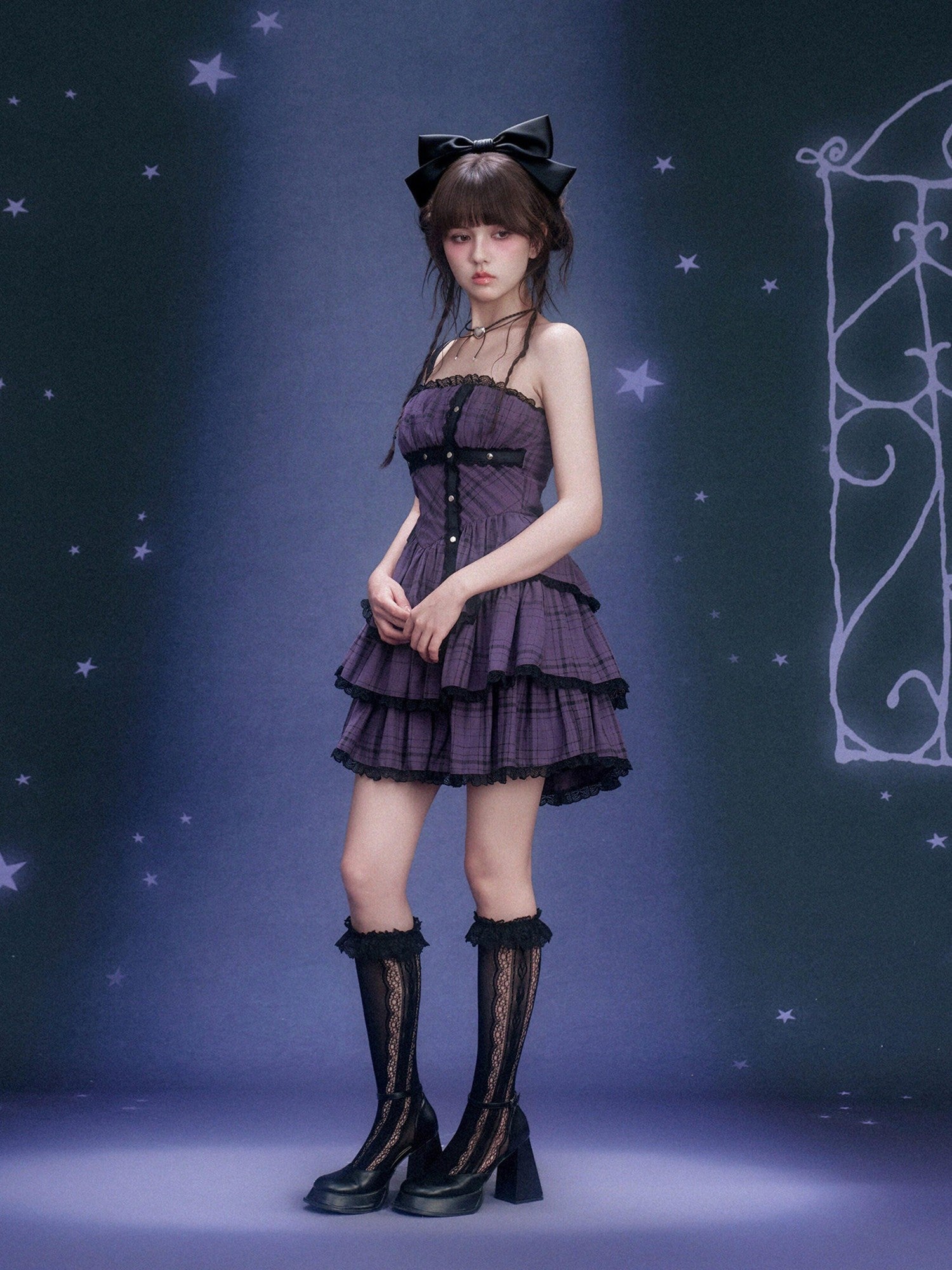 SagiDolls Purple Plaid Lace Strapless Cinched Waist Women's Viscose Corset Mini Dresses