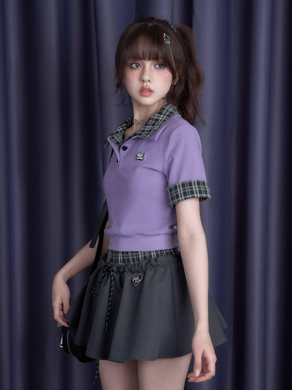 SagiDolls Purple Plaid Patchwork Layered Women's Short Sleeve T-shirts