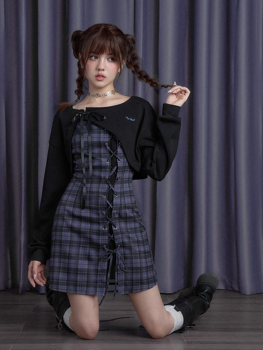 SagiDolls Purple Plaid Two Piece High Waist Women's Polyester Corset Mini Dresses