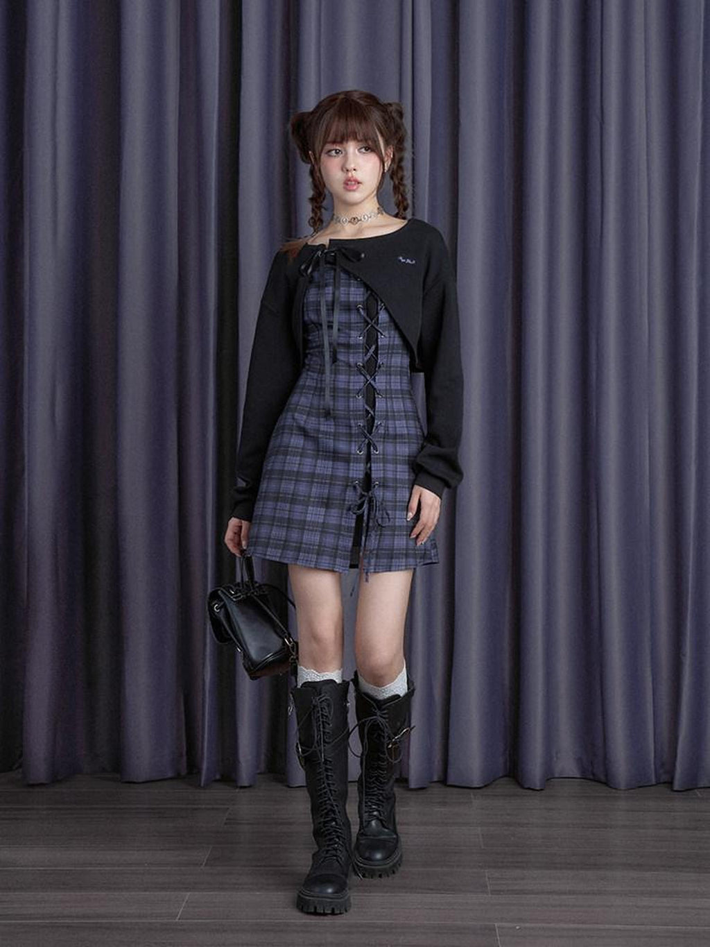 SagiDolls Purple Plaid Two Piece High Waist Women's Polyester Corset Mini Dresses