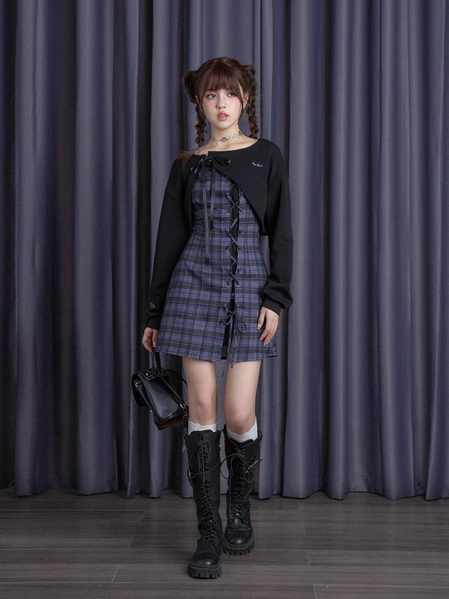 SagiDolls Purple Plaid Two Piece High Waist Women's Polyester Corset Mini Dresses