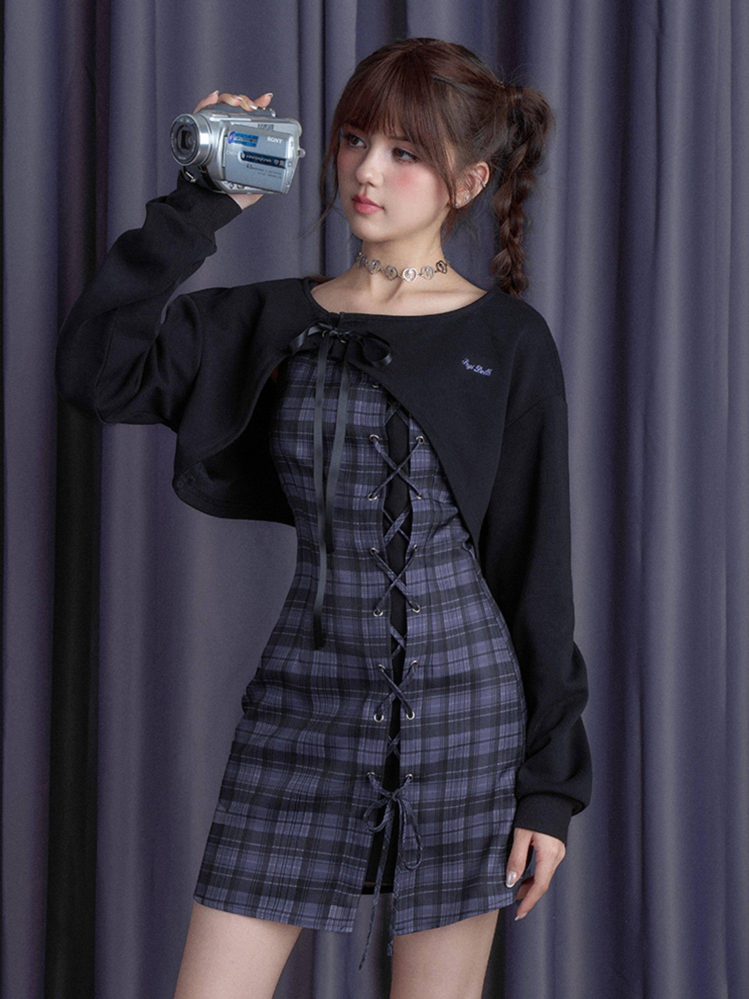 SagiDolls Purple Plaid Two Piece High Waist Women's Polyester Corset Mini Dresses