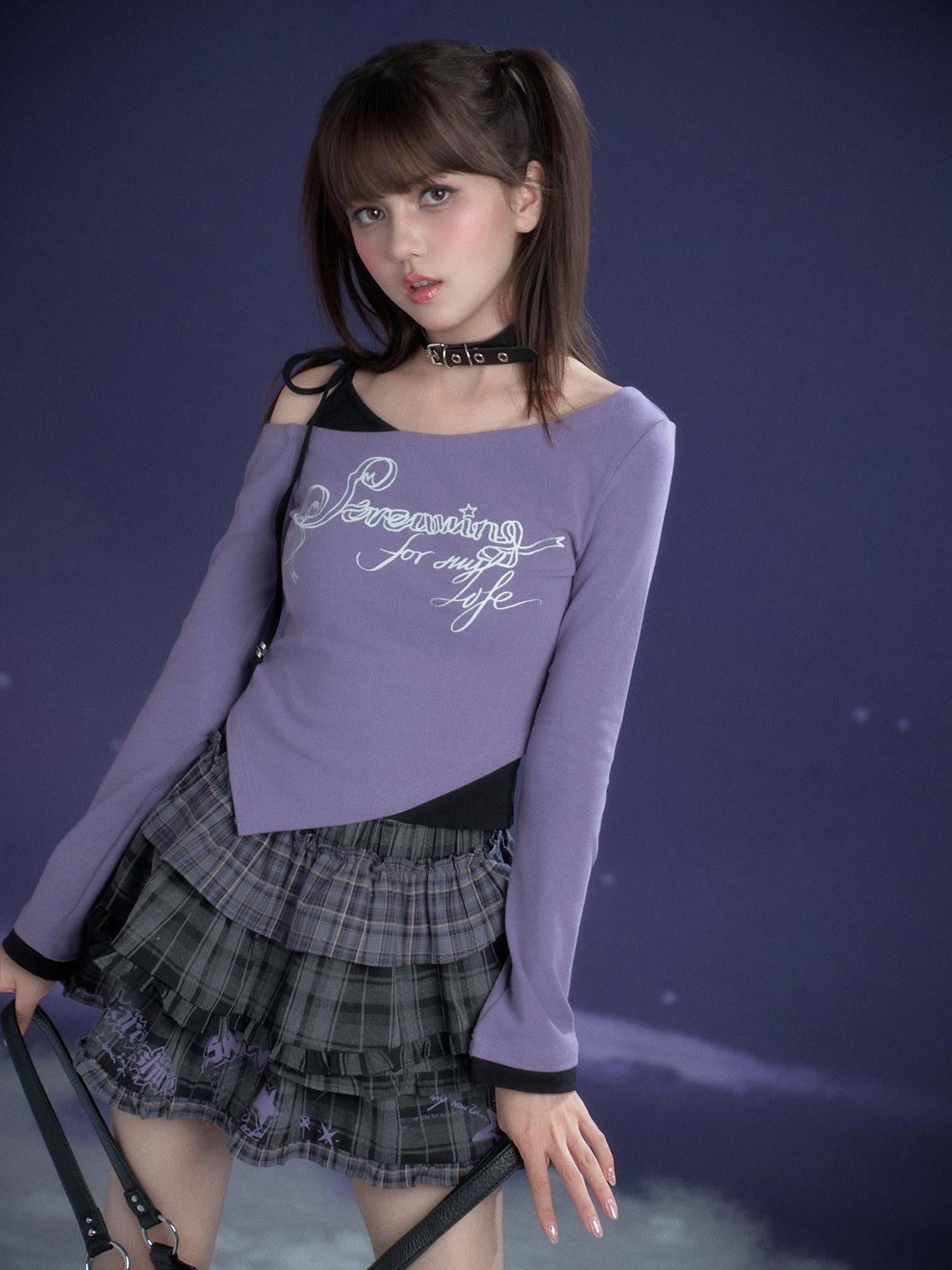SagiDolls Purple Print Spliced Two Piece Look Women's Cotton Long Sleeve T-shirts