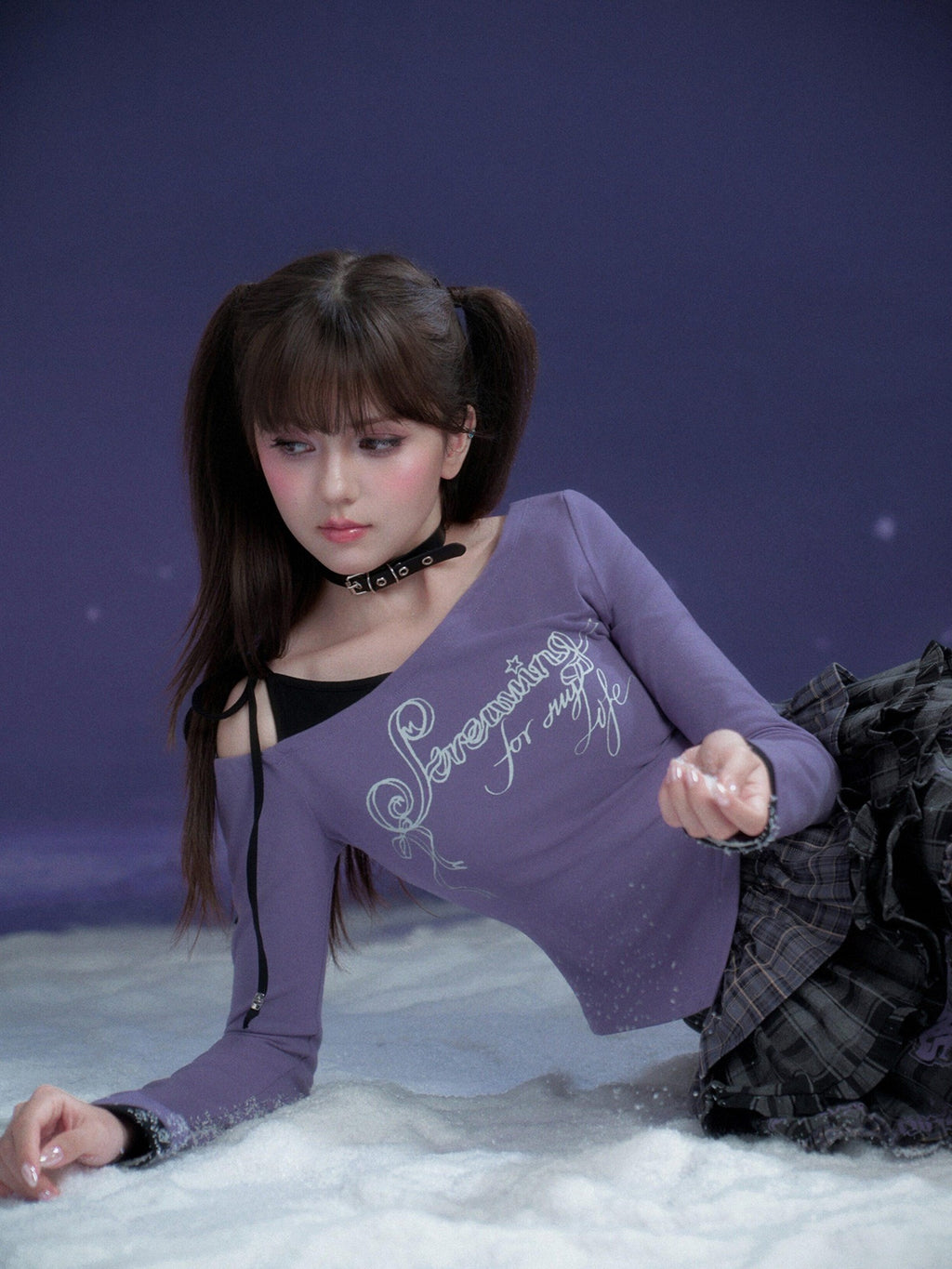 SagiDolls Purple Print Spliced Two Piece Look Women's Cotton Long Sleeve T-shirts