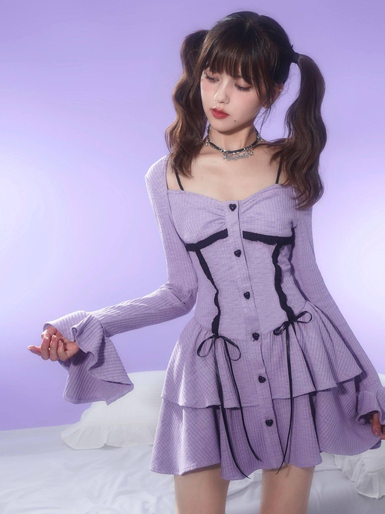 SagiDolls Purple Striped Ruffle Hem High Waist Women's Corset Mini Dresses