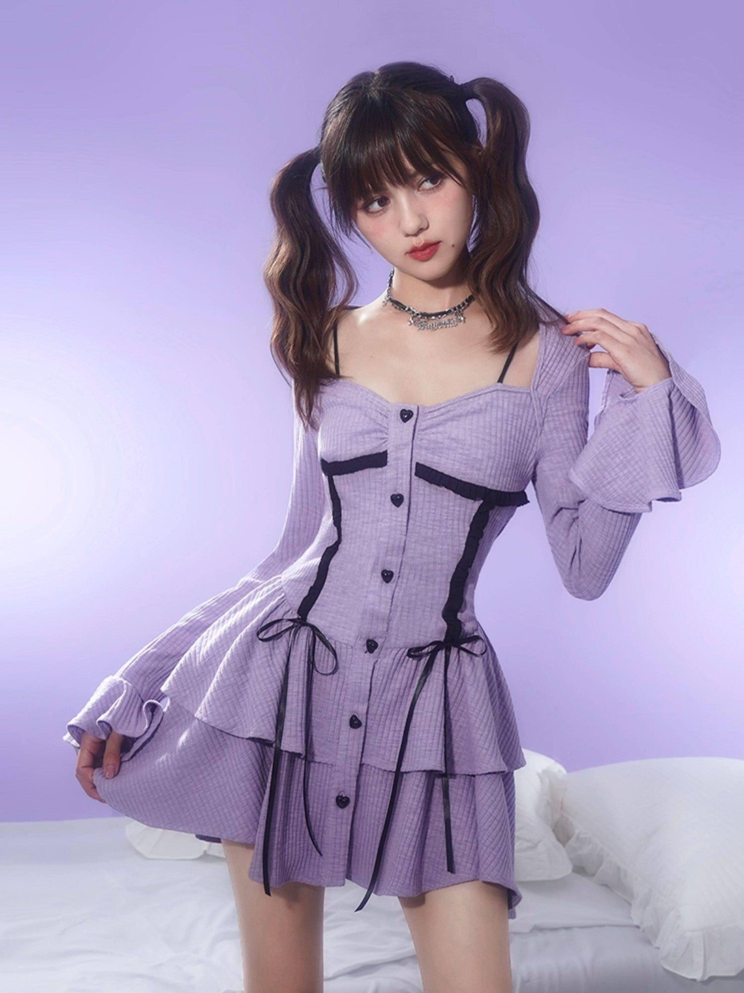 SagiDolls Purple Striped Ruffle Hem High Waist Women's Corset Mini Dresses
