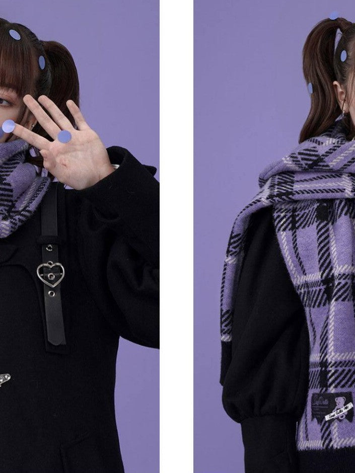 SagiDolls Purple Thick Knit Plaid Extra Long Women's Acrylic Scarves & Shawls