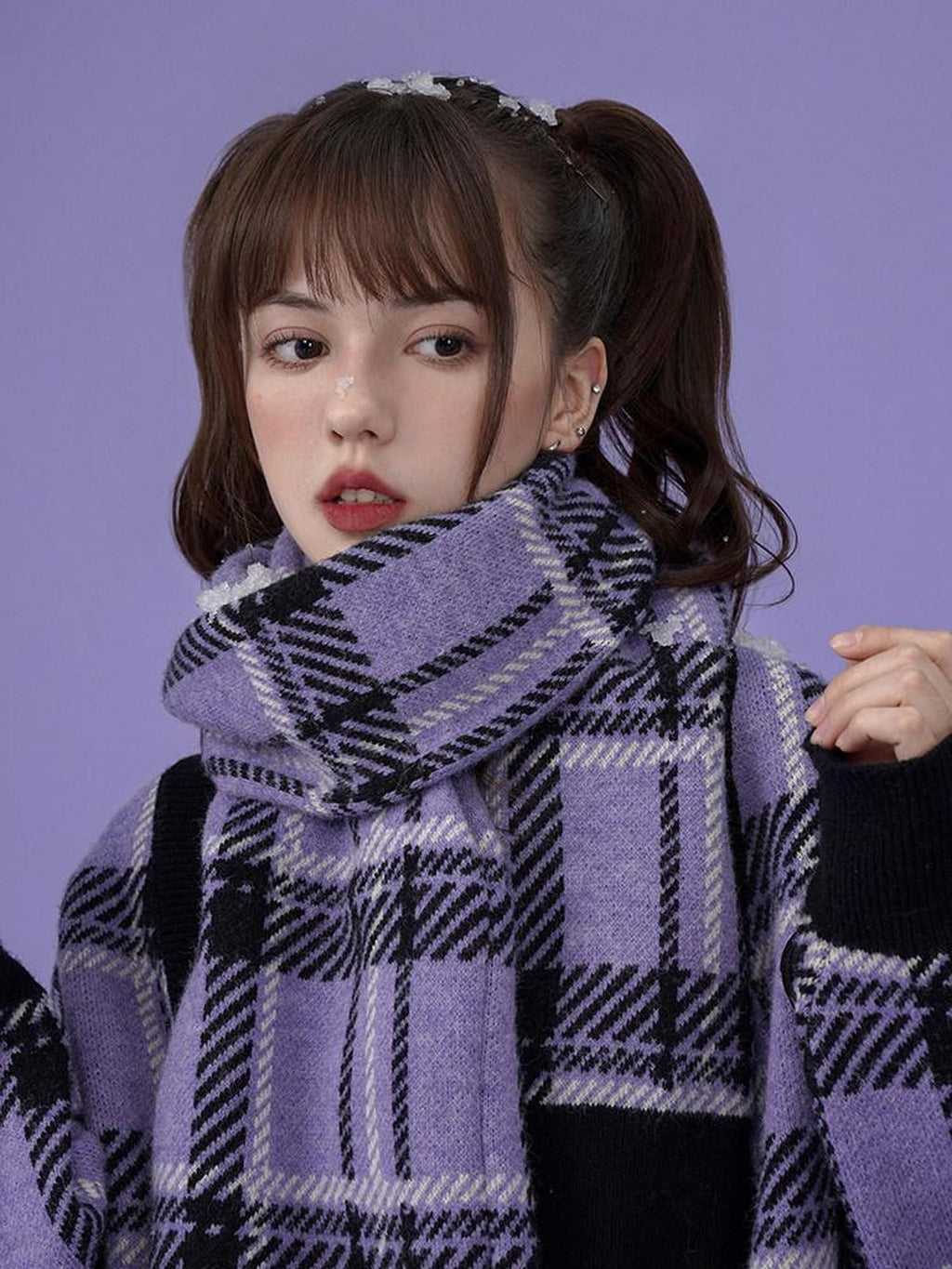 SagiDolls Purple Thick Knit Plaid Extra Long Women's Acrylic Scarves & Shawls