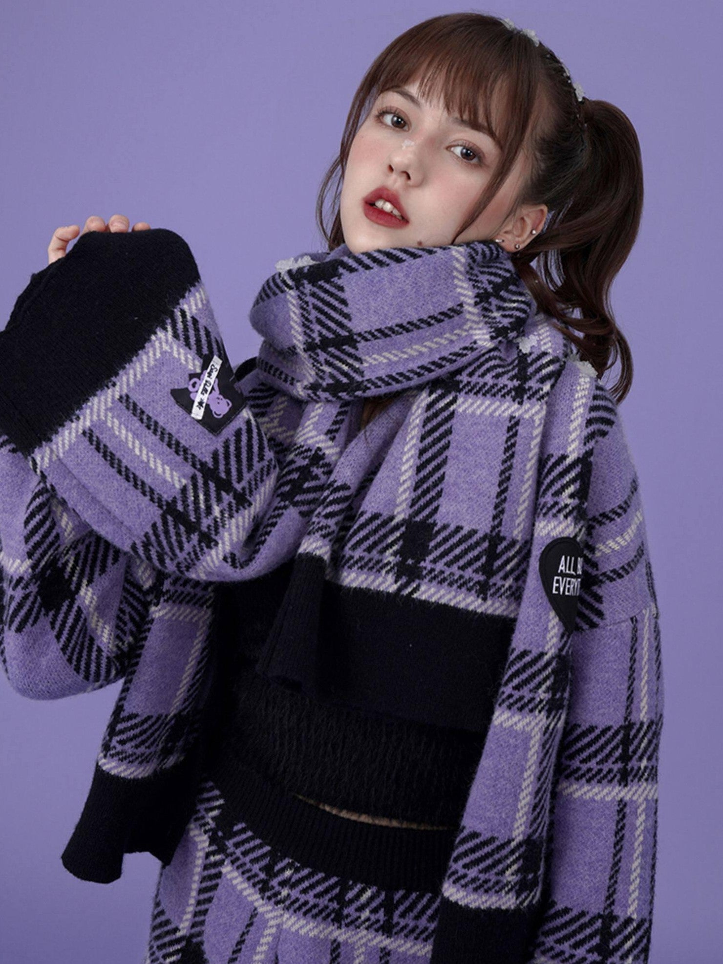 SagiDolls Purple Thick Knit Plaid Extra Long Women's Acrylic Scarves & Shawls