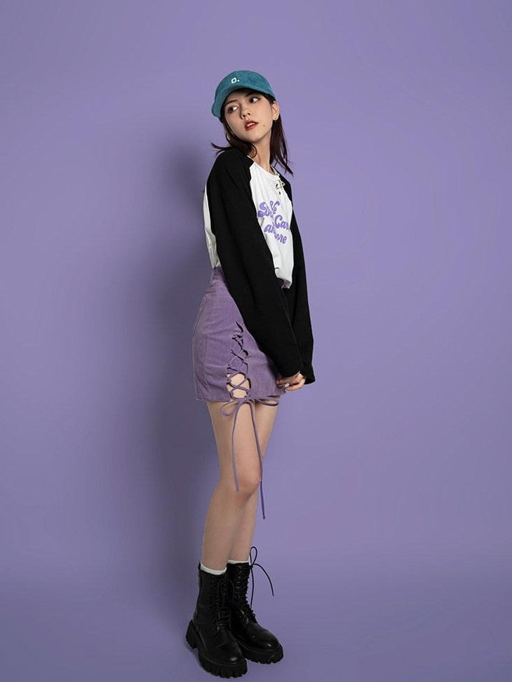 SagiDolls Purple Tie Waist Split Faux Two Piece Aline Women's Woven Polyester Skorts