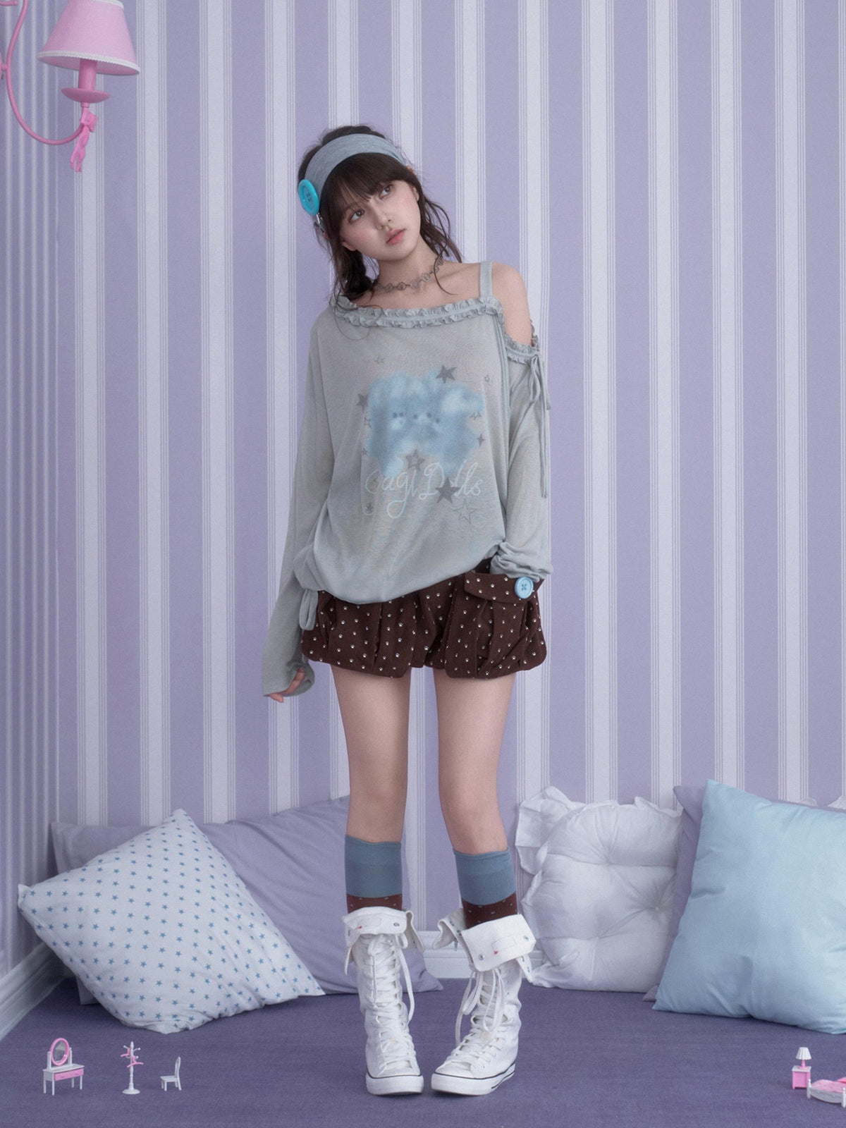 SagiDolls Rabbit Print Asymmetric Neck Loose Fit Women's Polyester Long Sleeve T-shirts