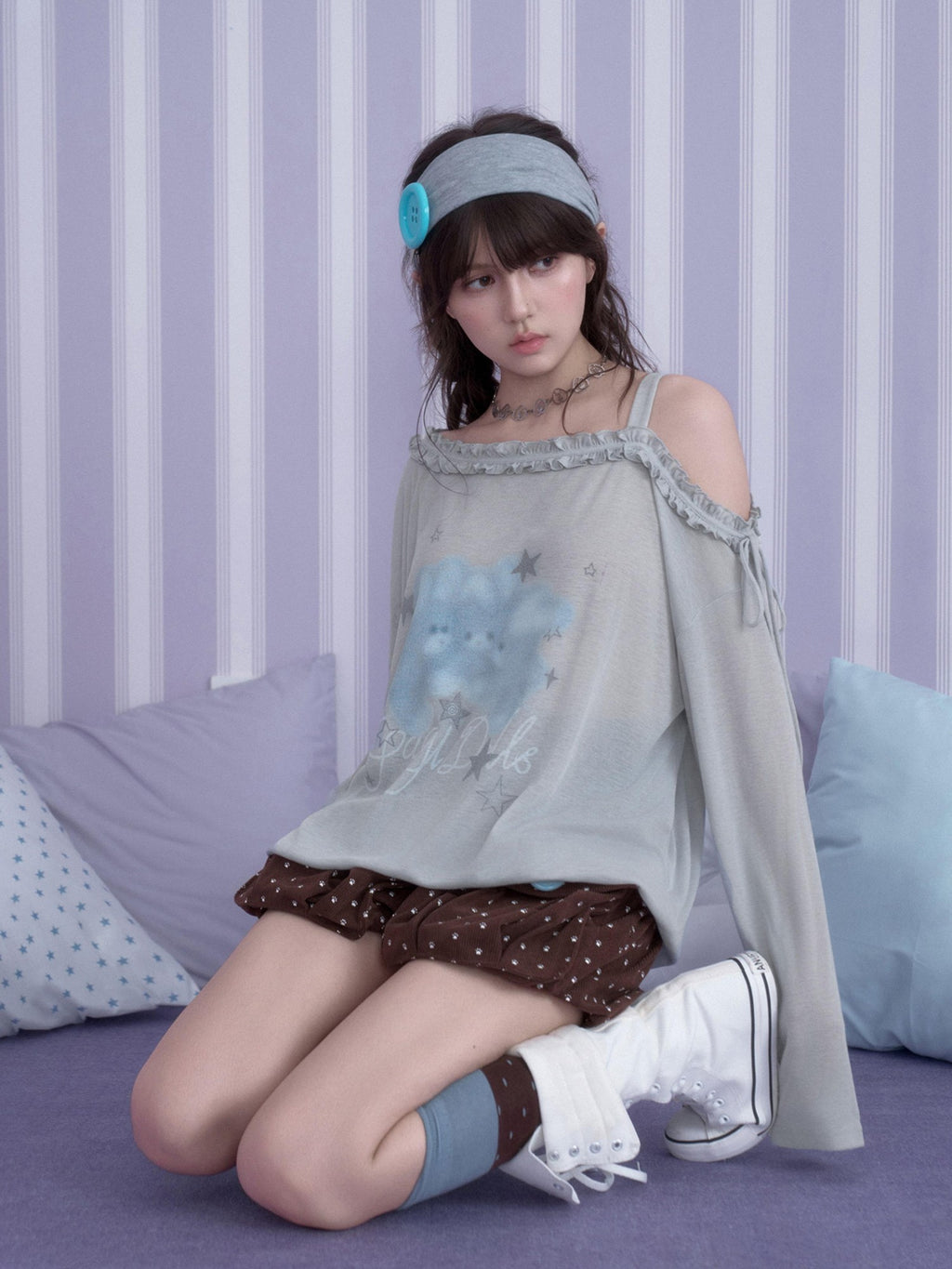 SagiDolls Rabbit Print Asymmetric Neck Loose Fit Women's Polyester Long Sleeve T-shirts