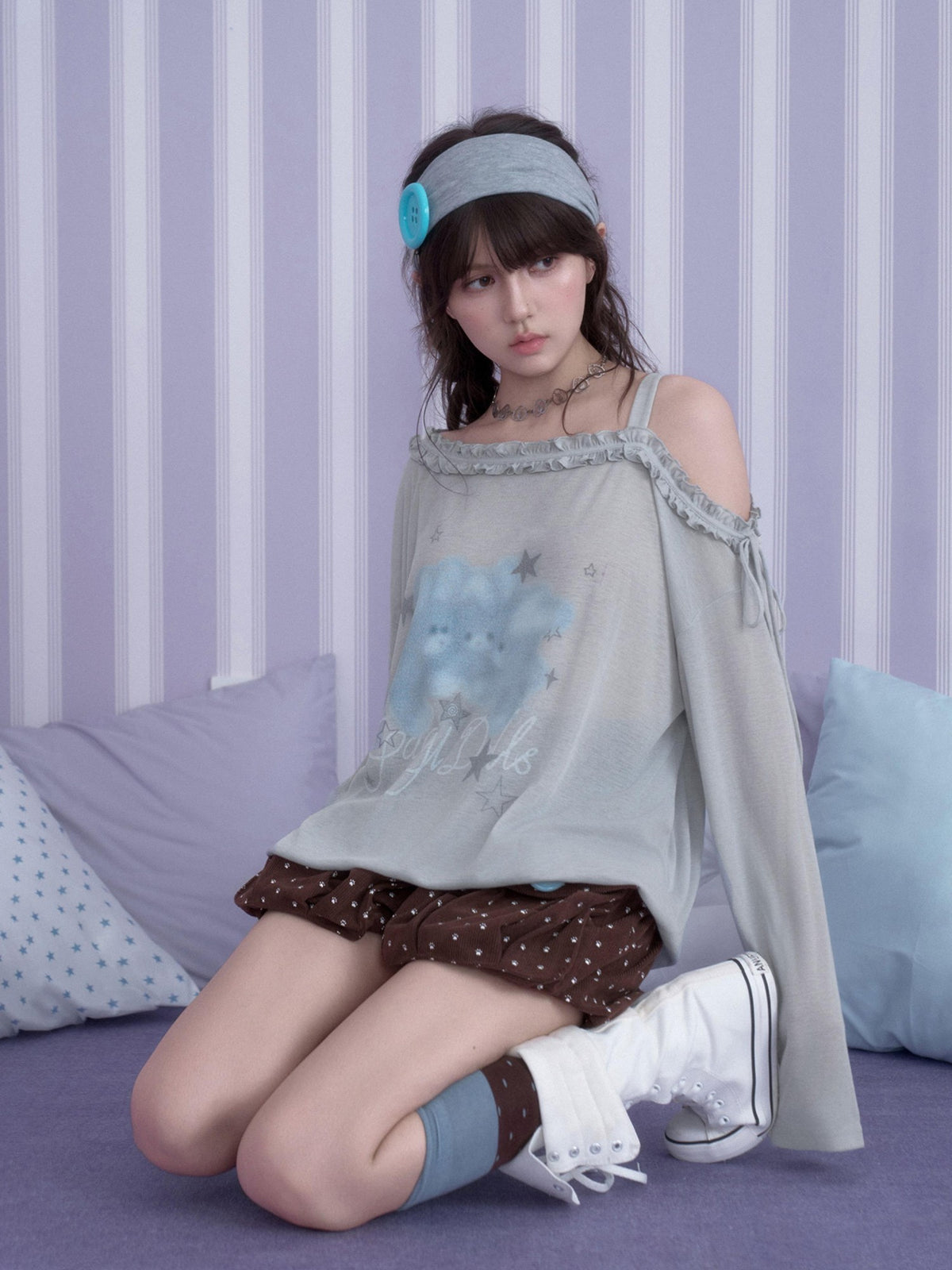 SagiDolls Rabbit Print Asymmetric Neck Loose Fit Women's Polyester Long Sleeve T-shirts