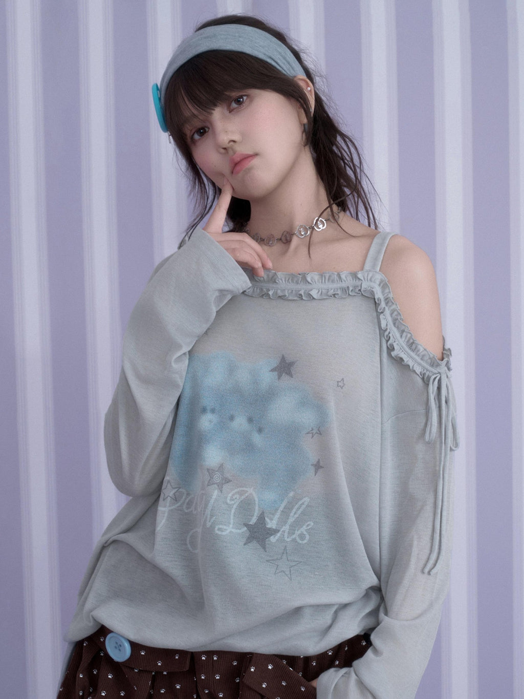 SagiDolls Rabbit Print Asymmetric Neck Loose Fit Women's Polyester Long Sleeve T-shirts
