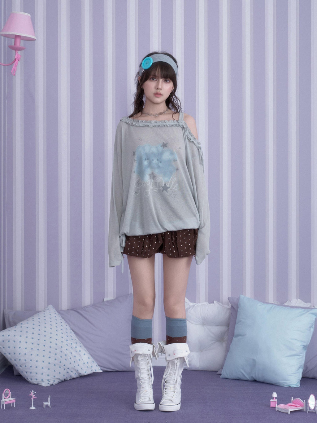 SagiDolls Rabbit Print Asymmetric Neck Loose Fit Women's Polyester Long Sleeve T-shirts