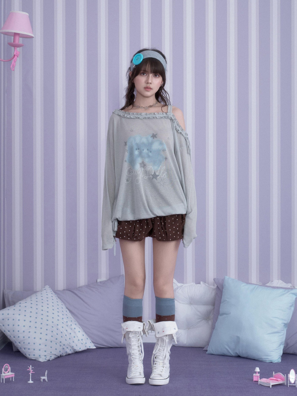 SagiDolls Rabbit Print Asymmetric Neck Loose Fit Women's Polyester Long Sleeve T-shirts