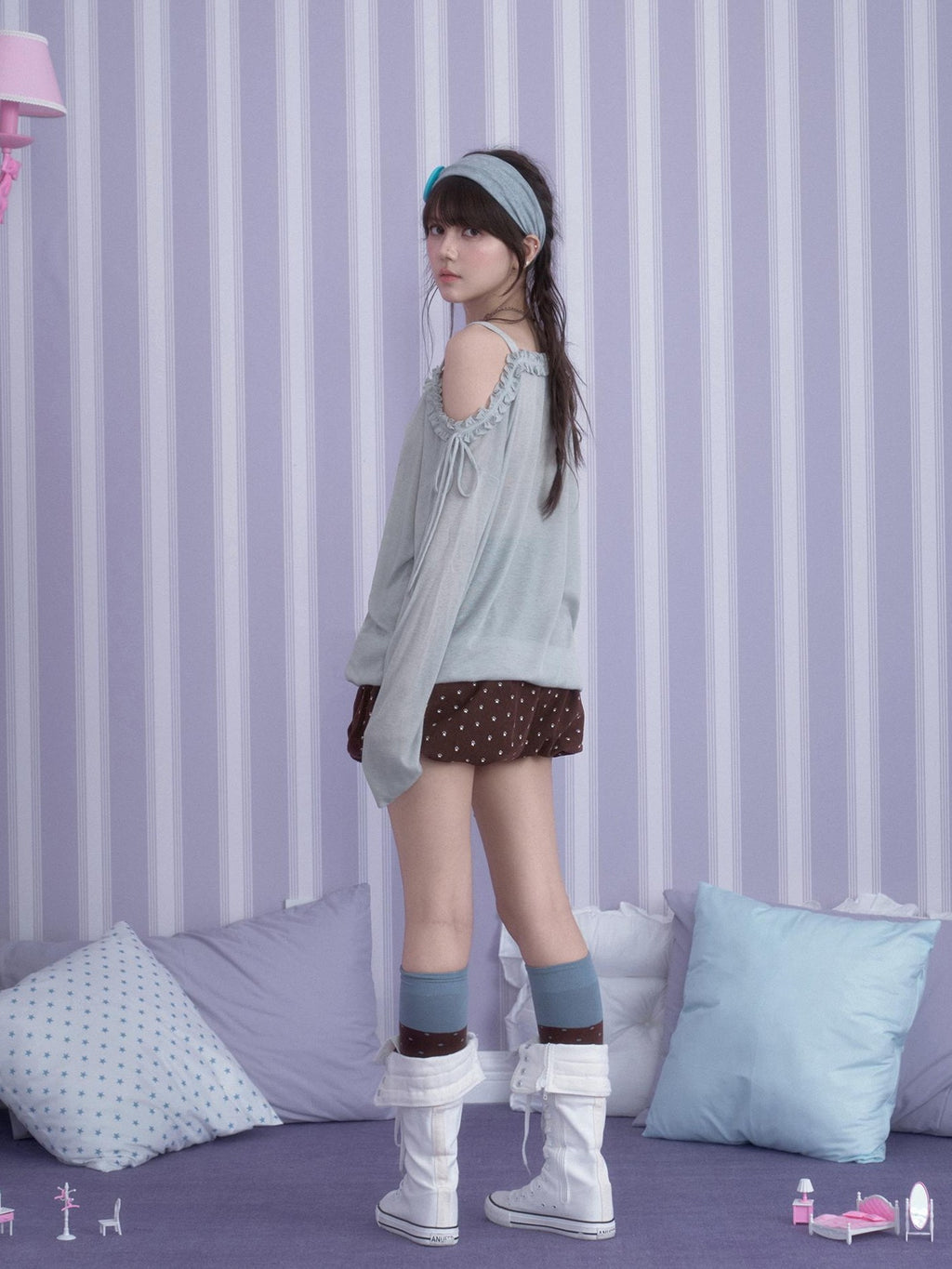 SagiDolls Rabbit Print Asymmetric Neck Loose Fit Women's Polyester Long Sleeve T-shirts