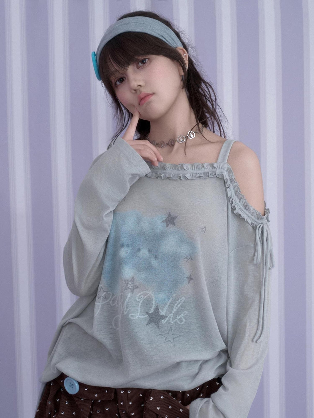 SagiDolls Rabbit Print Asymmetric Neck Loose Fit Women's Polyester Long Sleeve T-shirts