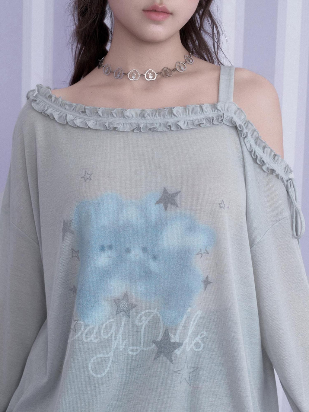 SagiDolls Rabbit Print Asymmetric Neck Loose Fit Women's Polyester Long Sleeve T-shirts