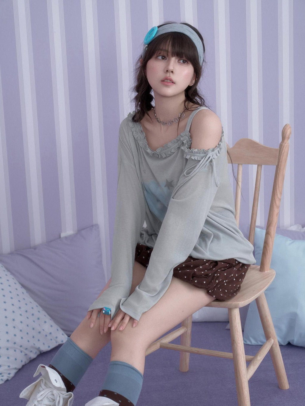 SagiDolls Rabbit Print Asymmetric Neck Loose Fit Women's Polyester Long Sleeve T-shirts