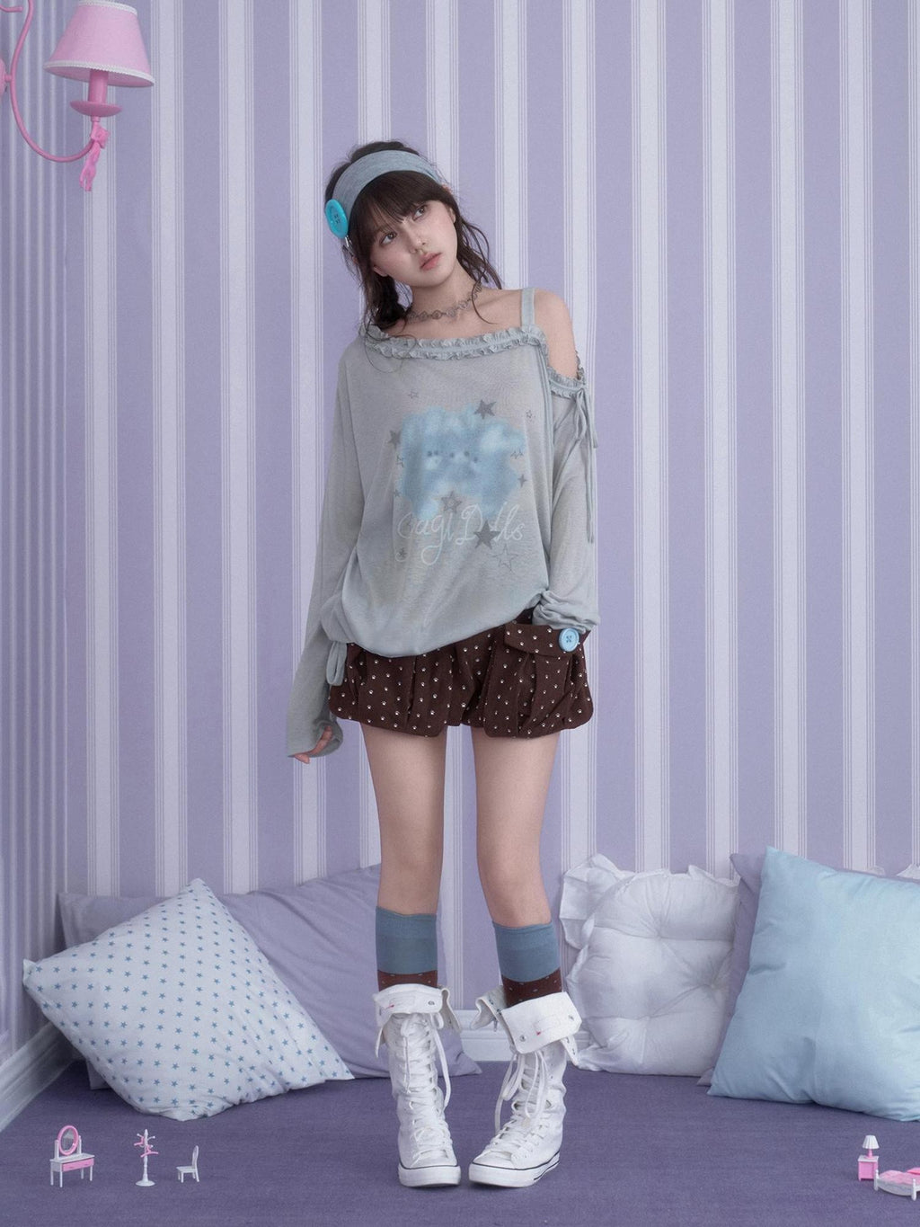 SagiDolls Rabbit Print Asymmetric Neck Loose Fit Women's Polyester Long Sleeve T-shirts