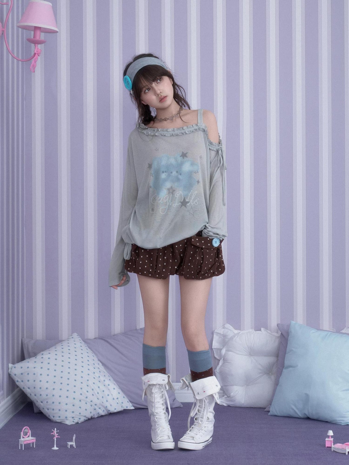 SagiDolls Rabbit Print Asymmetric Neck Loose Fit Women's Polyester Long Sleeve T-shirts