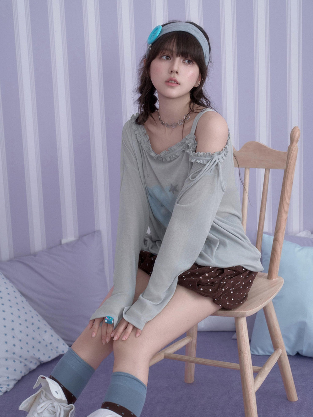 SagiDolls Rabbit Print Asymmetric Neck Loose Fit Women's Polyester Long Sleeve T-shirts