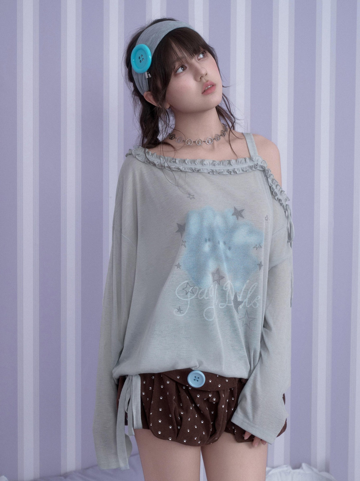 SagiDolls Rabbit Print Asymmetric Neck Loose Fit Women's Polyester Long Sleeve T-shirts