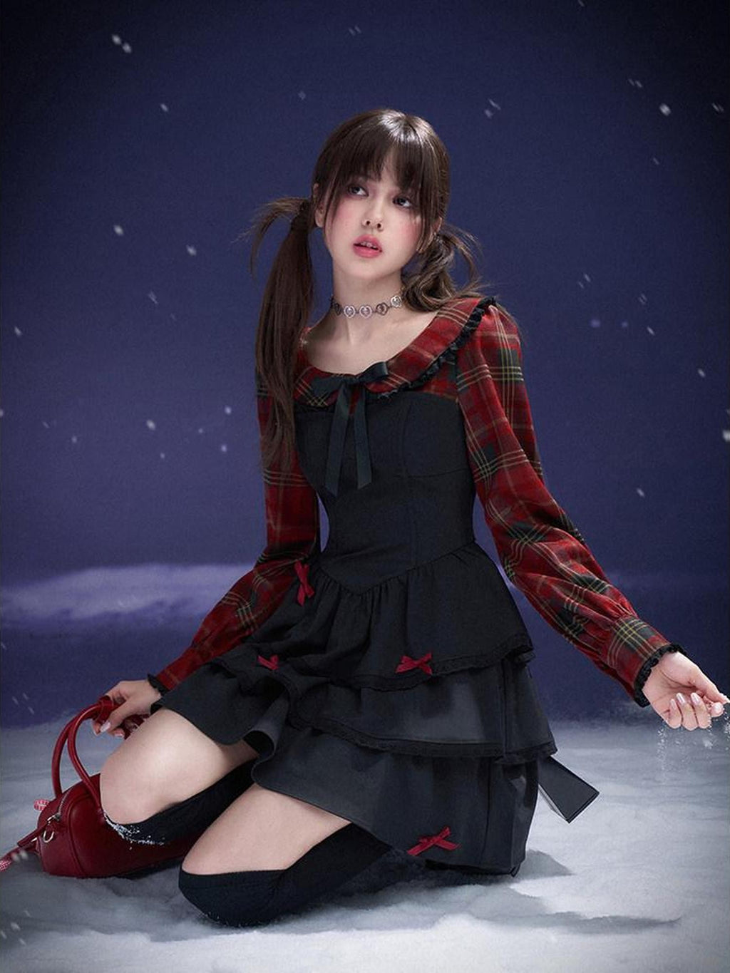 SagiDolls Red Black Plaid Faux Two Piece Cake Skirt Women's Polyester Casual Mini Dresses