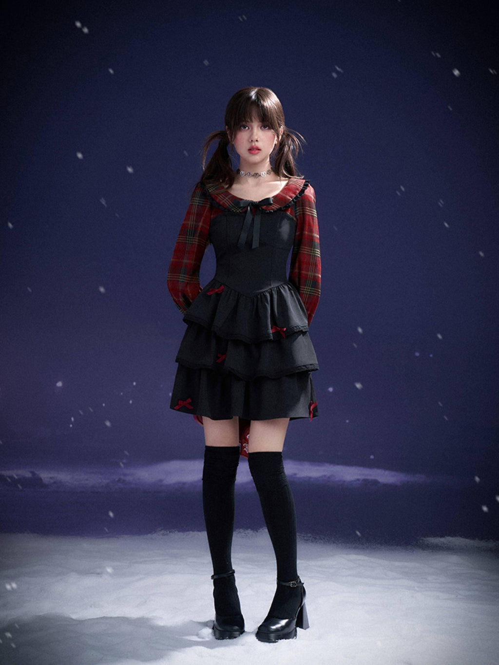 SagiDolls Red Black Plaid Faux Two Piece Cake Skirt Women's Polyester Casual Mini Dresses