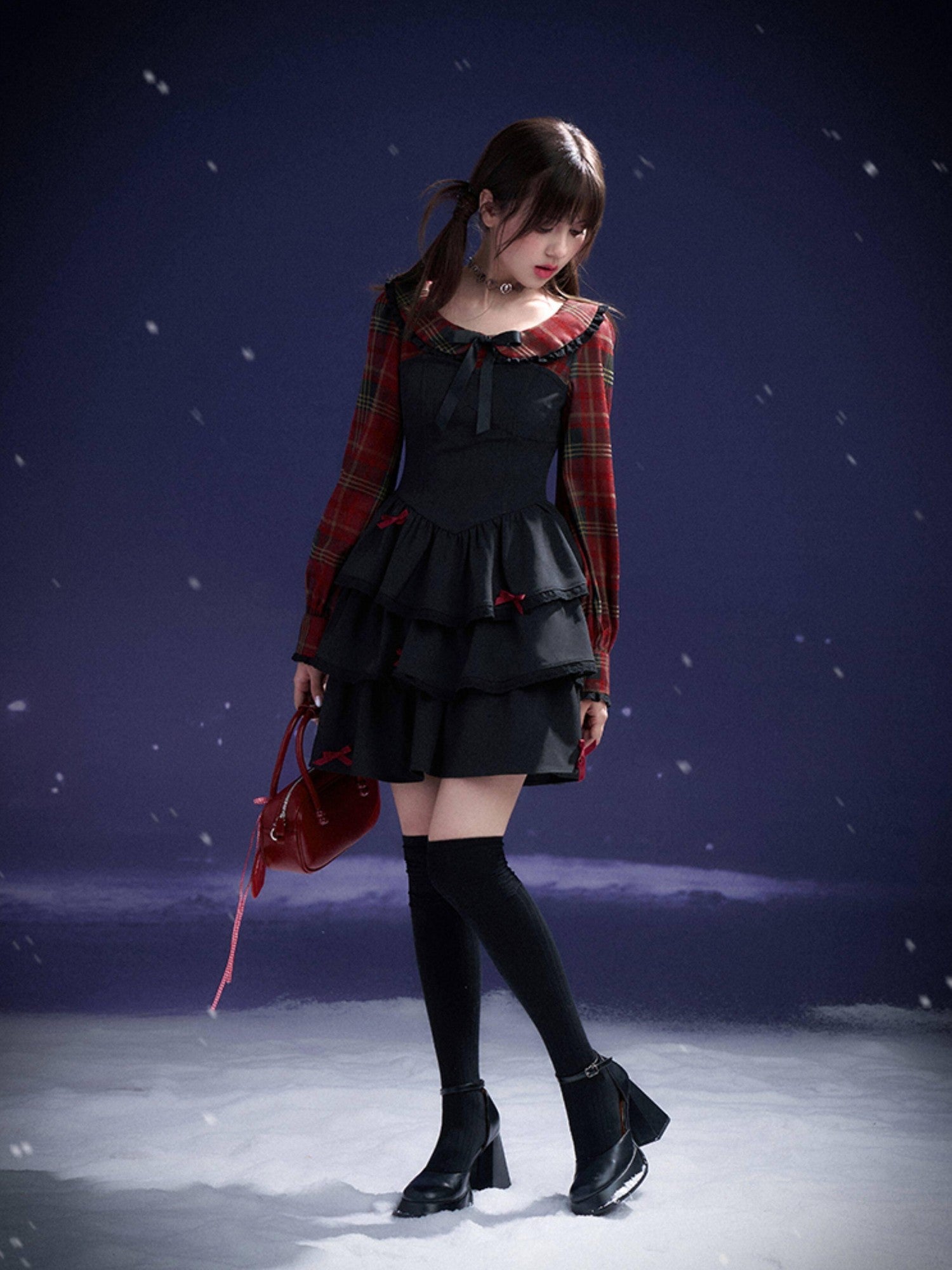 SagiDolls Red Black Plaid Faux Two Piece Cake Skirt Women's Polyester Casual Mini Dresses