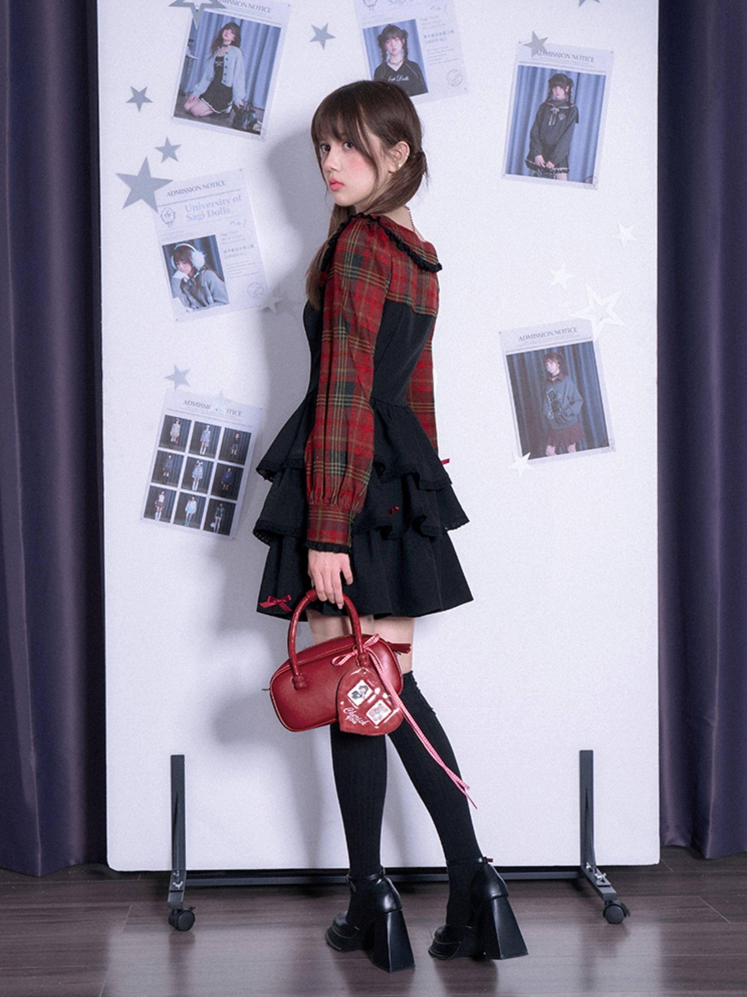 SagiDolls Red Black Plaid Faux Two Piece Cake Skirt Women's Polyester Casual Mini Dresses