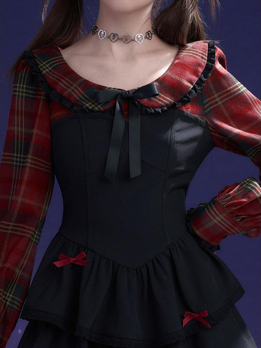 SagiDolls Red Black Plaid Faux Two Piece Cake Skirt Women's Polyester Casual Mini Dresses