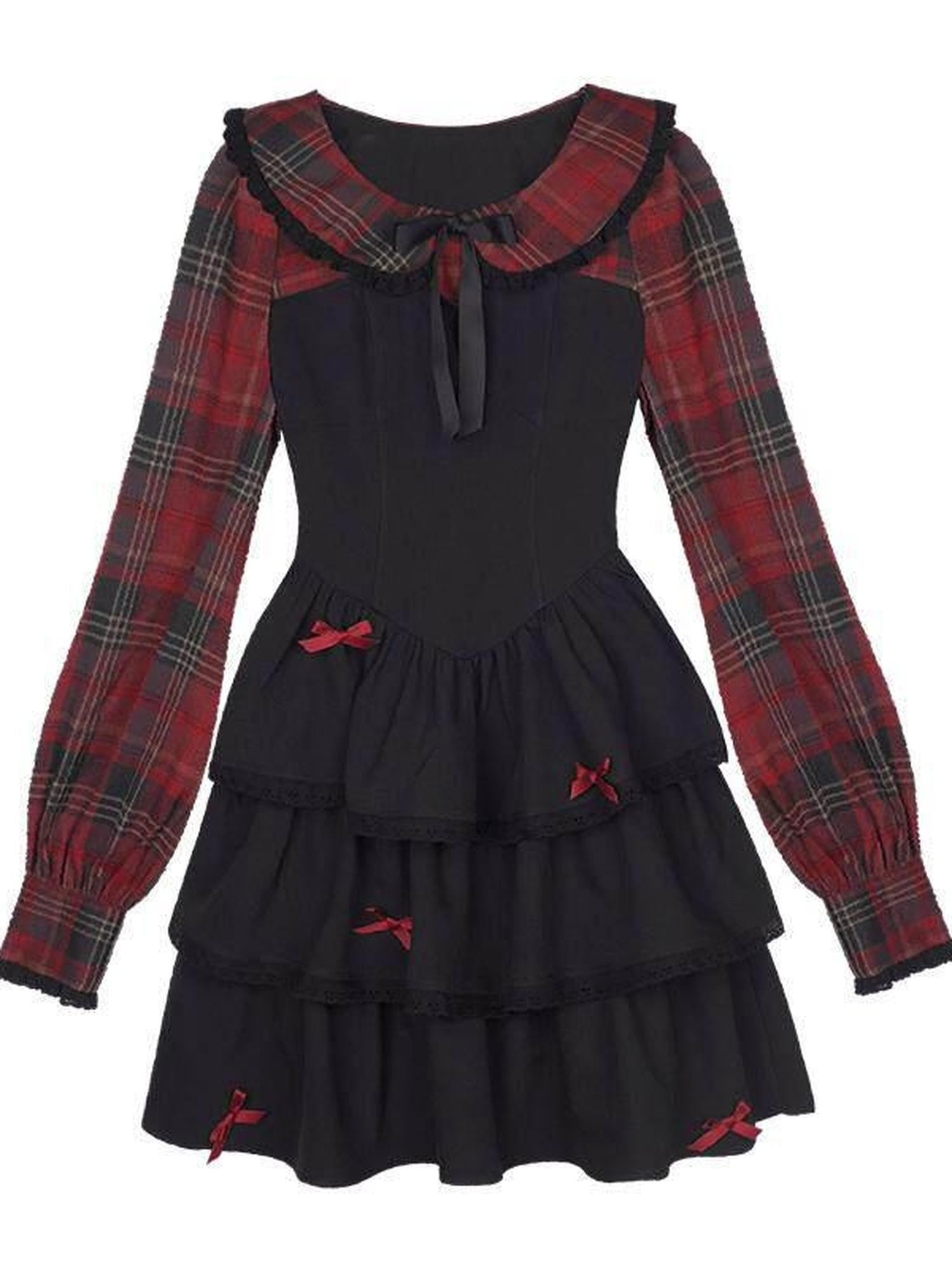 SagiDolls Red Black Plaid Faux Two Piece Cake Skirt Women's Polyester Casual Mini Dresses
