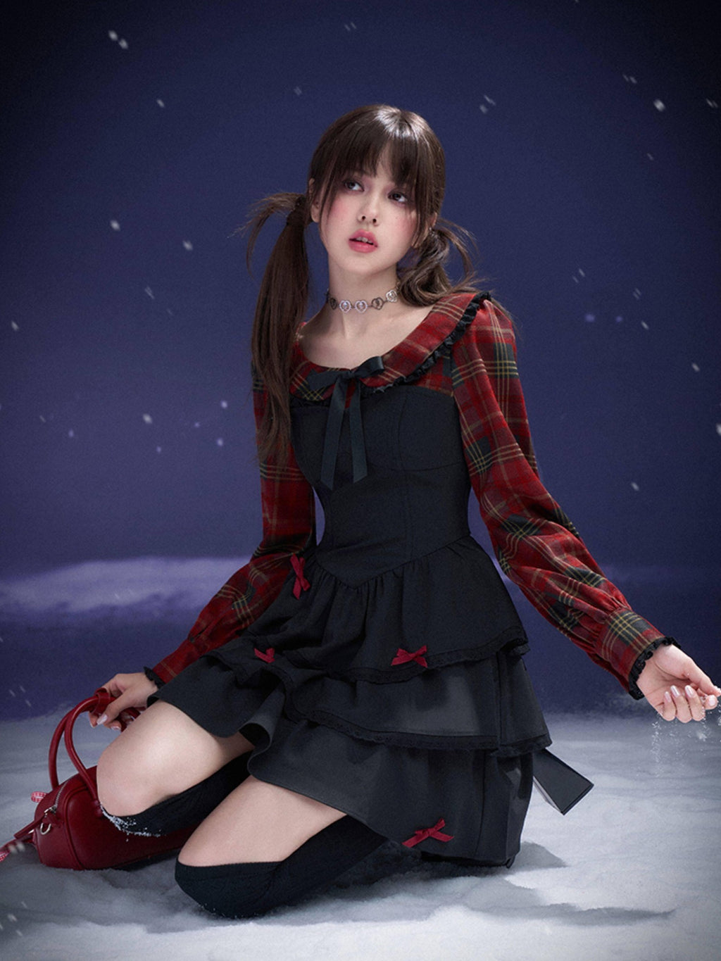 SagiDolls Red Black Plaid Faux Two Piece Cake Skirt Women's Polyester Casual Mini Dresses