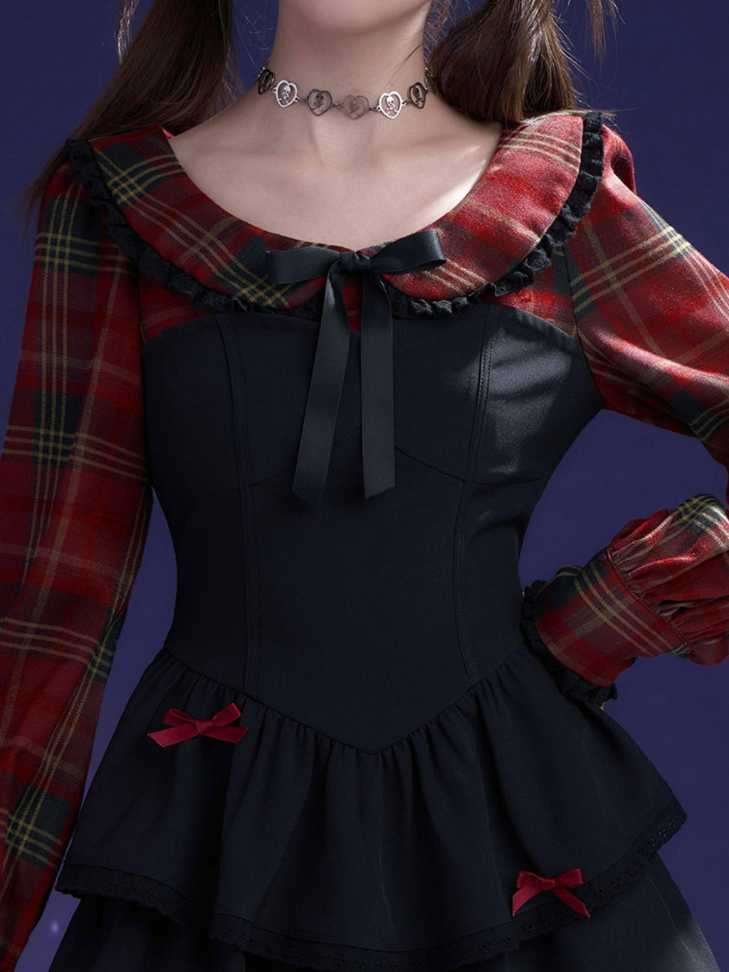 SagiDolls Red Black Plaid Faux Two Piece Cake Skirt Women's Polyester Casual Mini Dresses