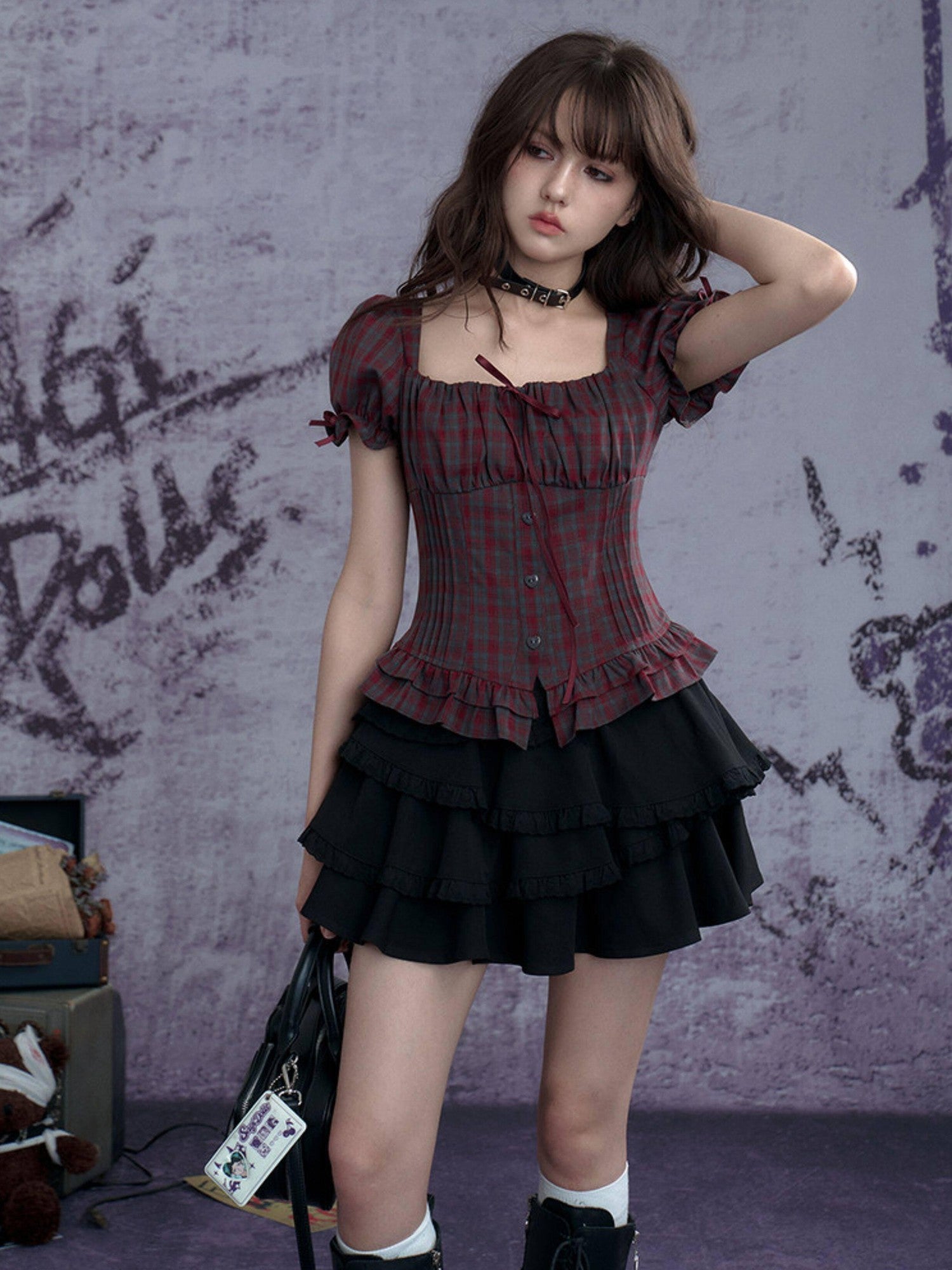 SagiDolls Red Grey Check Embroidered Puff Sleeve Slim Women's Short Sleeve T-shirts