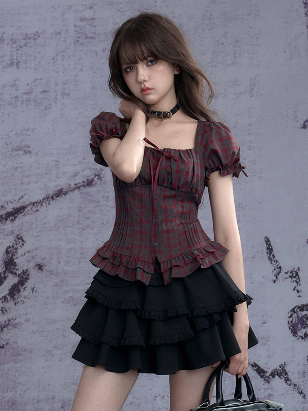 SagiDolls Red Grey Check Embroidered Puff Sleeve Slim Women's Short Sleeve T-shirts