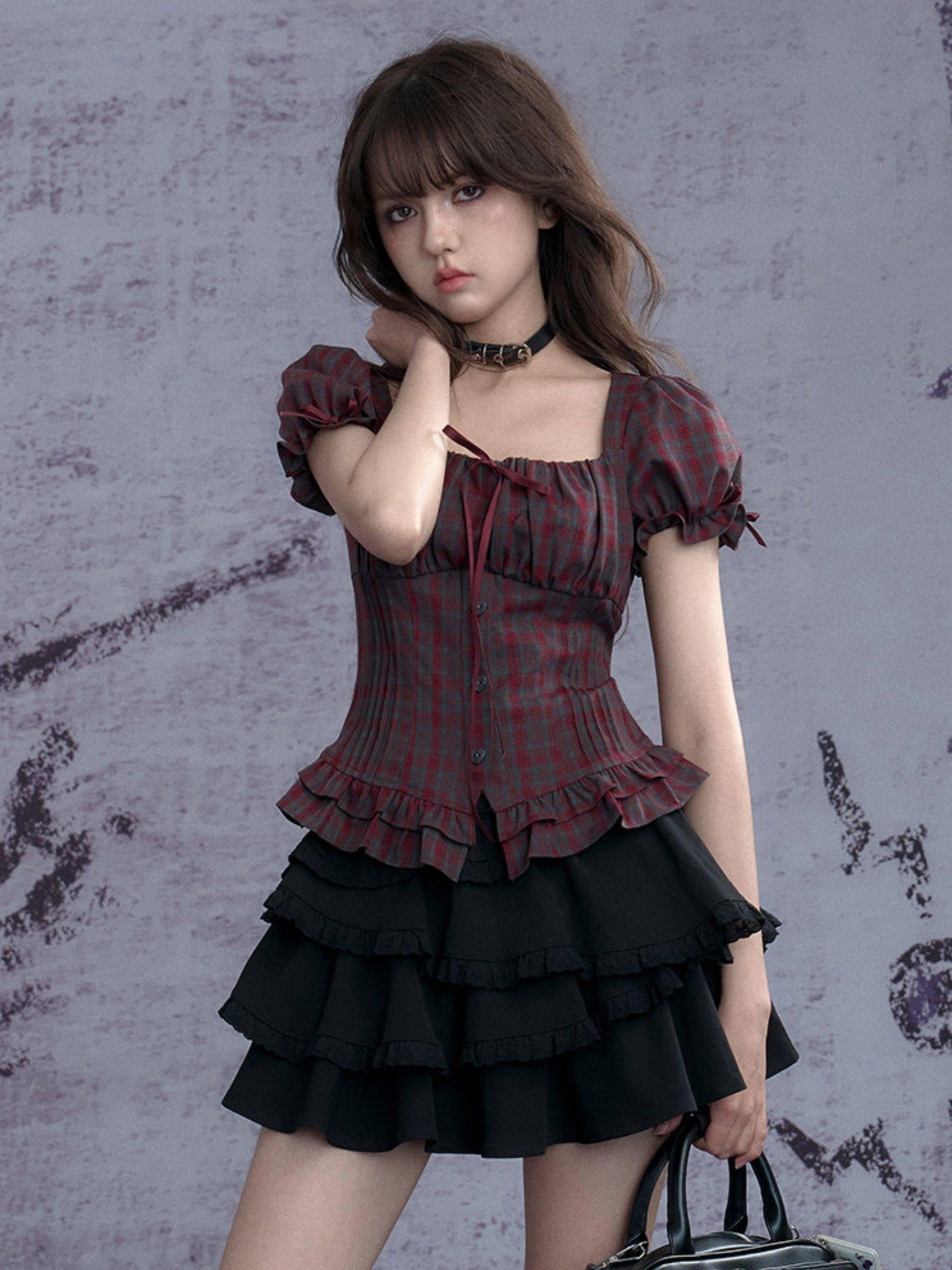 SagiDolls Red Grey Check Embroidered Puff Sleeve Slim Women's Short Sleeve T-shirts